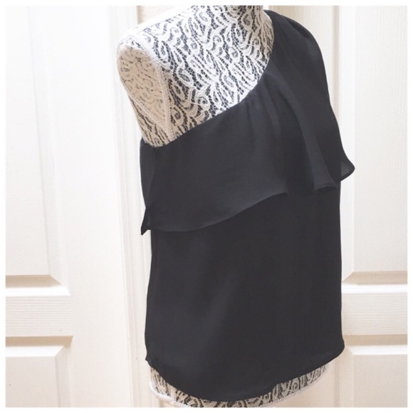 FINN & GRACE One-Shoulder Ruffle Overlay Polyester Top, Black, Medium - Picture 4 of 7